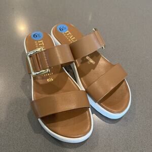 Italian Shoemakers Womans Leather Sandals Sz 6.5 Cognac Brown Slip On Made Italy